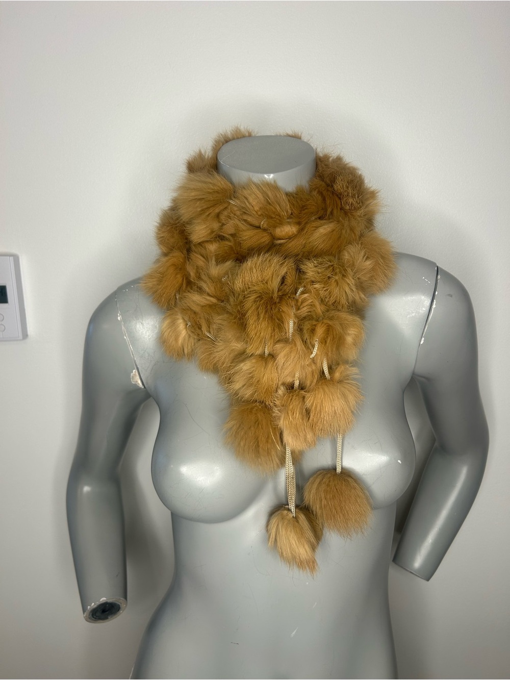 Plush Faux Fur Pom-Pom Scarf in Honey Brown